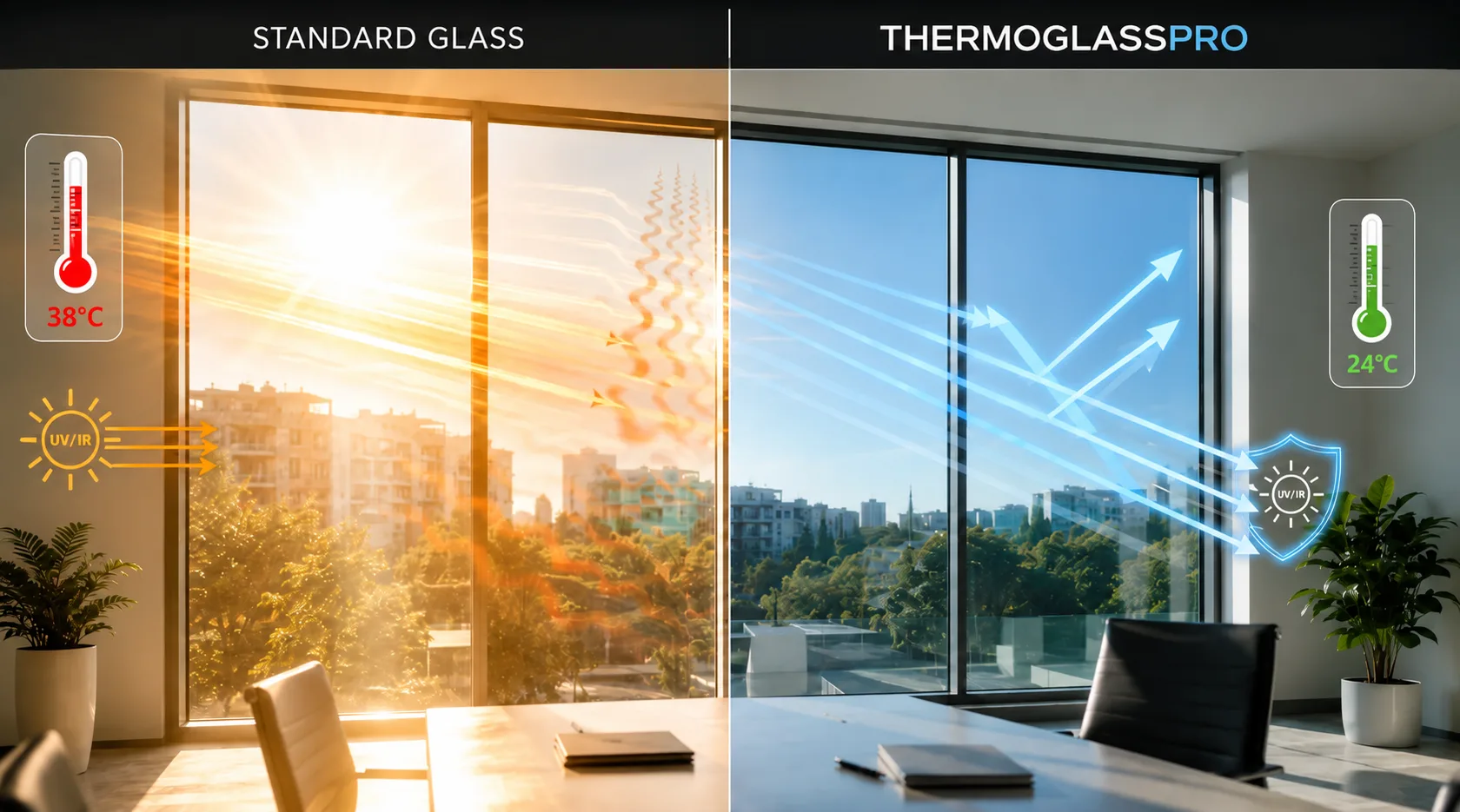 Illustrative comparison: standard glass letting heat and UV/IR through at 38°C versus ThermoGlassPro coated glass rejecting them at 24°C